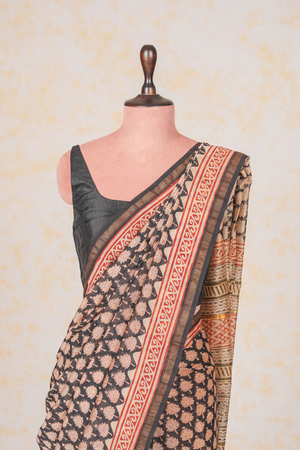 Cotton Hand Block Print Saree - Black Off White