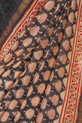 Cotton Hand Block Print Saree - Black Off White