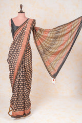 Cotton Hand Block Print Saree - Black Off White