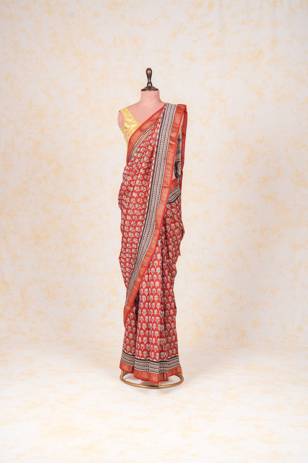 Cotton Hand Block Print Saree With Zari Border - Red Off White