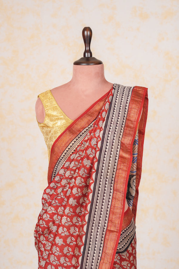 Cotton Hand Block Print Saree With Zari Border - Red Off White