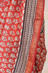 Cotton Hand Block Print Saree With Zari Border - Red Off White