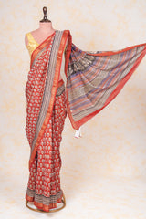 Cotton Hand Block Print Saree With Zari Border - Red Off White