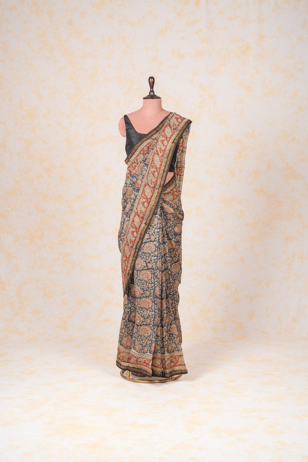 Cotton Hand Block Print Saree - Blue Red