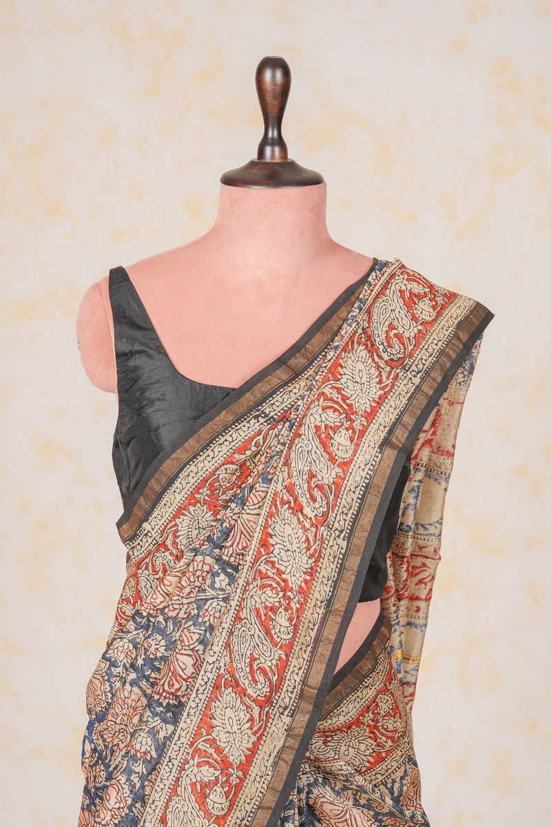 Cotton Hand Block Print Saree - Blue Red