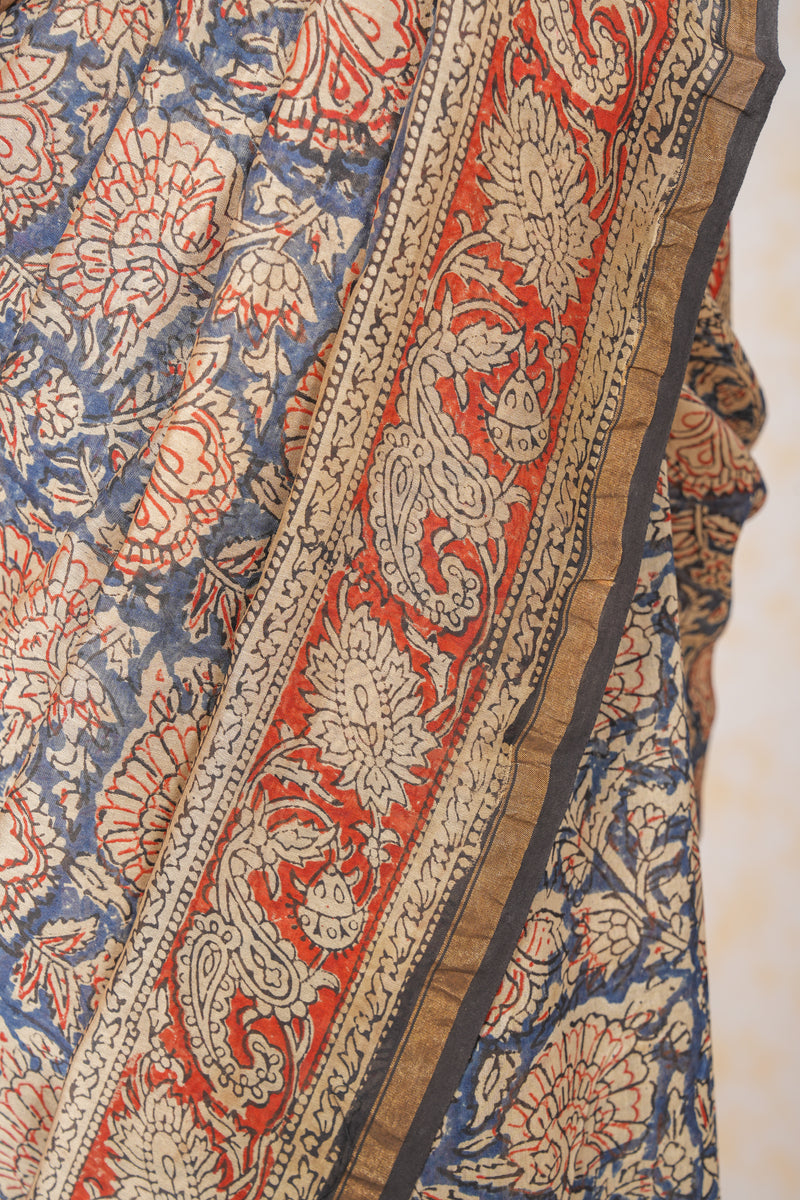 Cotton Hand Block Print Saree - Blue Red