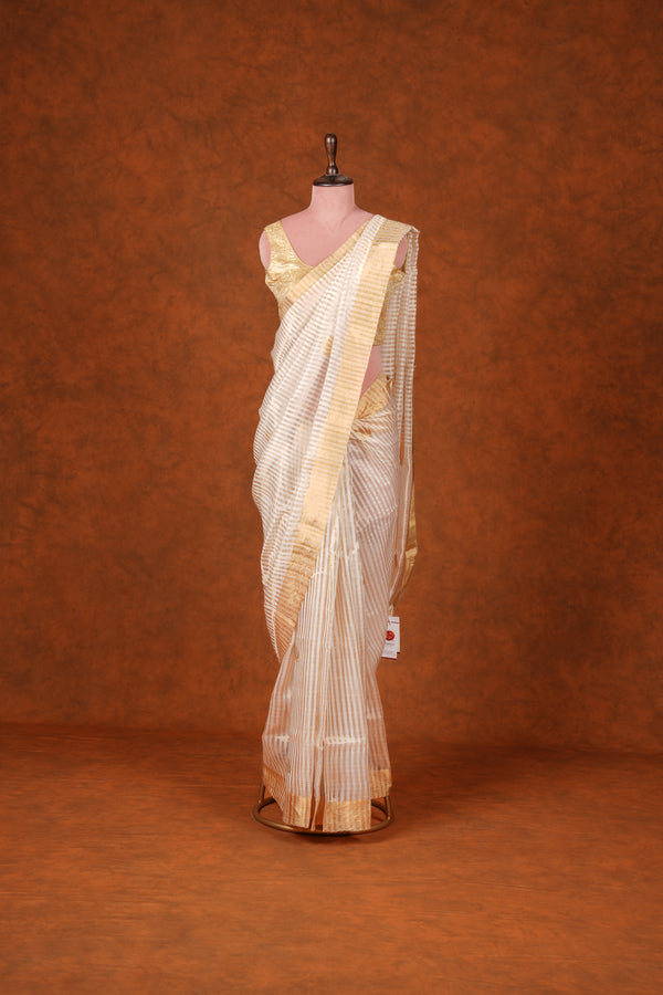 Handloom Silk Chanderi Saree Off White Gold Border