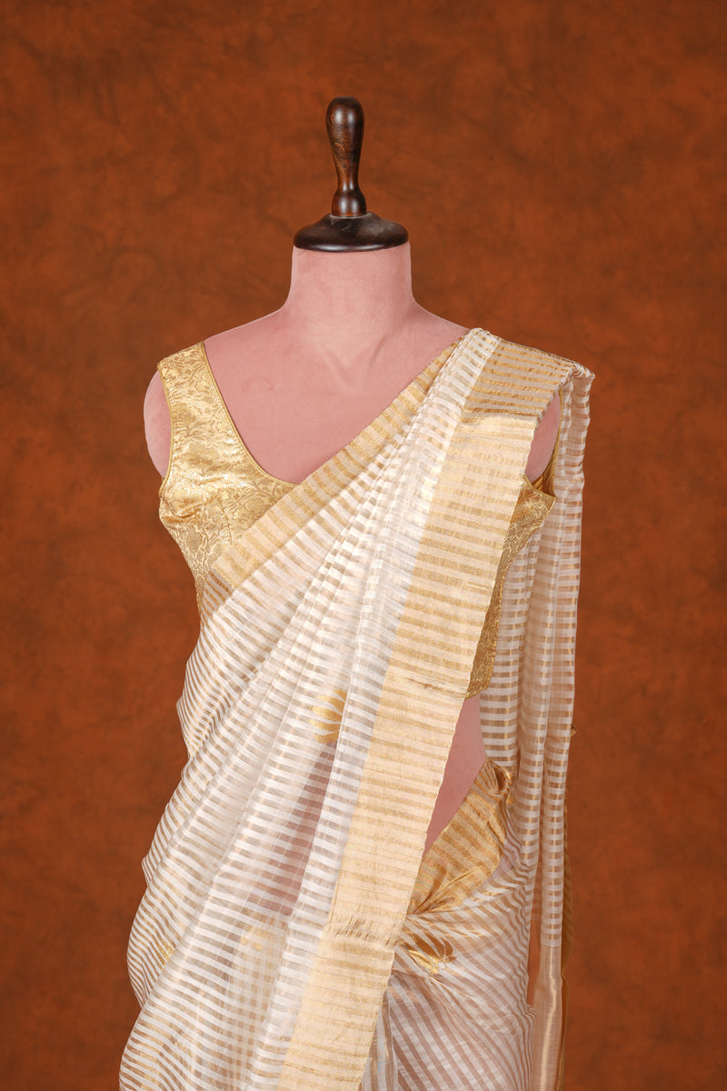 Handloom Silk Chanderi Saree Off White Gold Border