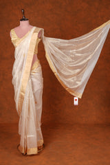 Handloom Cotton Silk Chanderi Saree Off White Striped Floral Buta