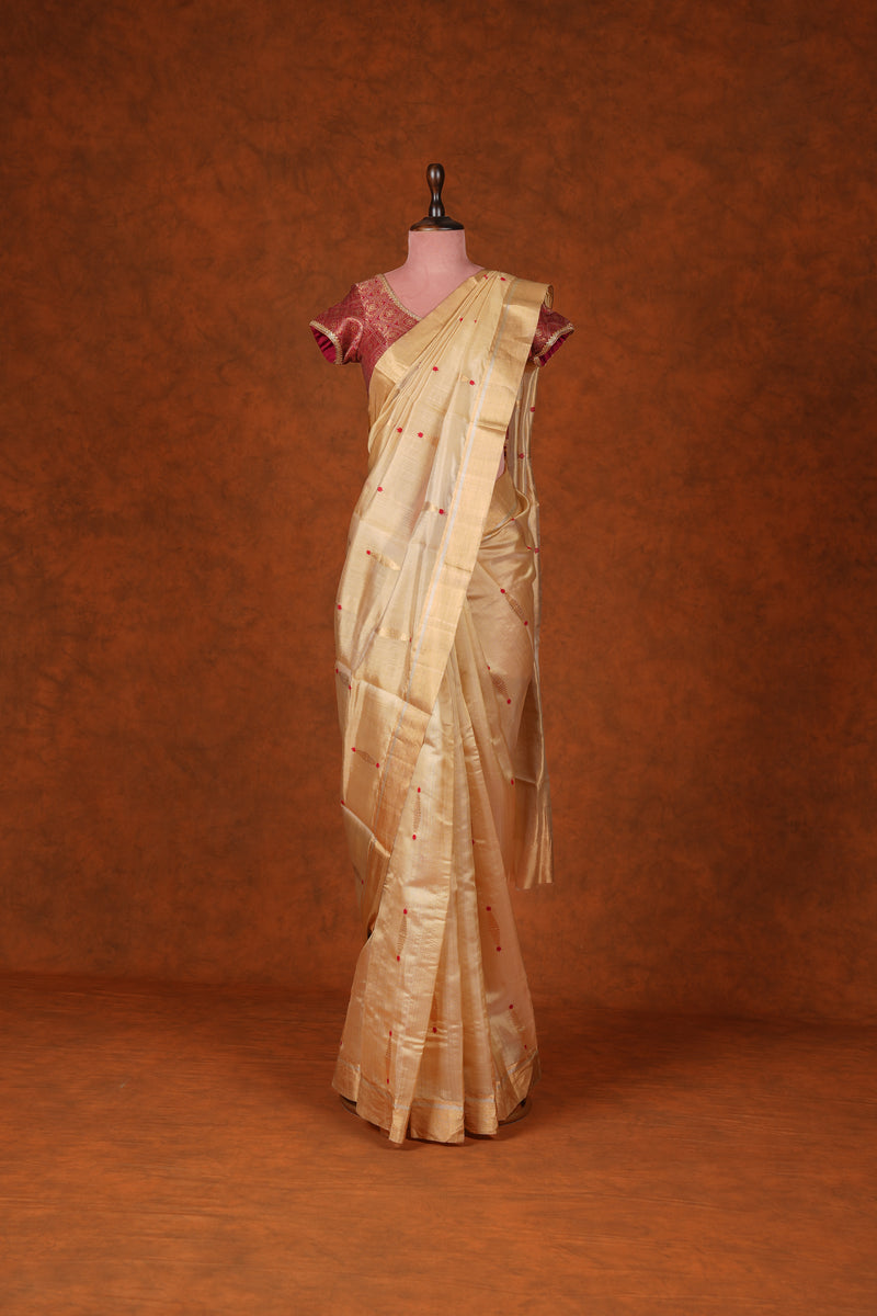 Handloom Cotton Silk Chanderi Saree Gold Red Buta