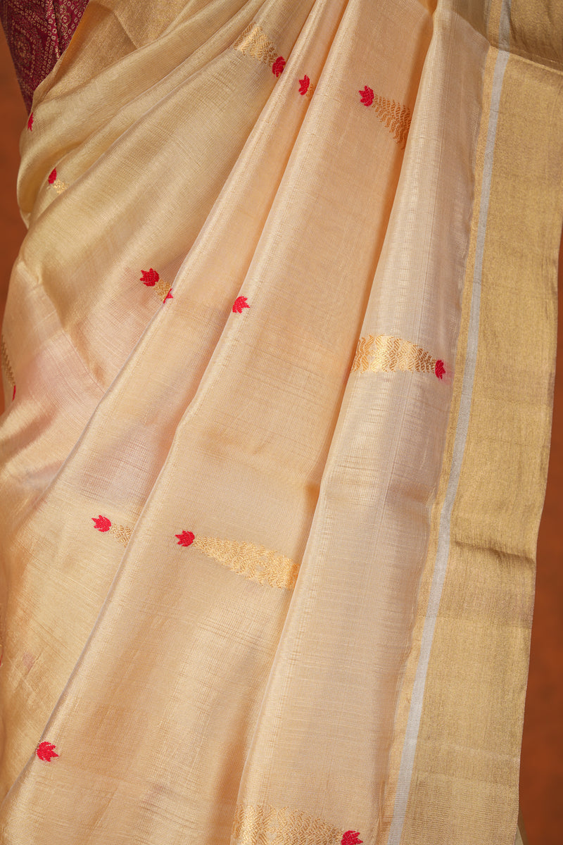 Handloom Cotton Silk Chanderi Saree Gold Red Buta