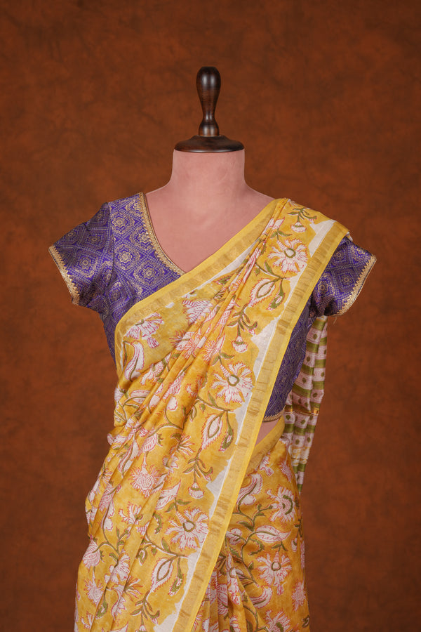 Cotton Hand Block Print Saree - Yellow Floral