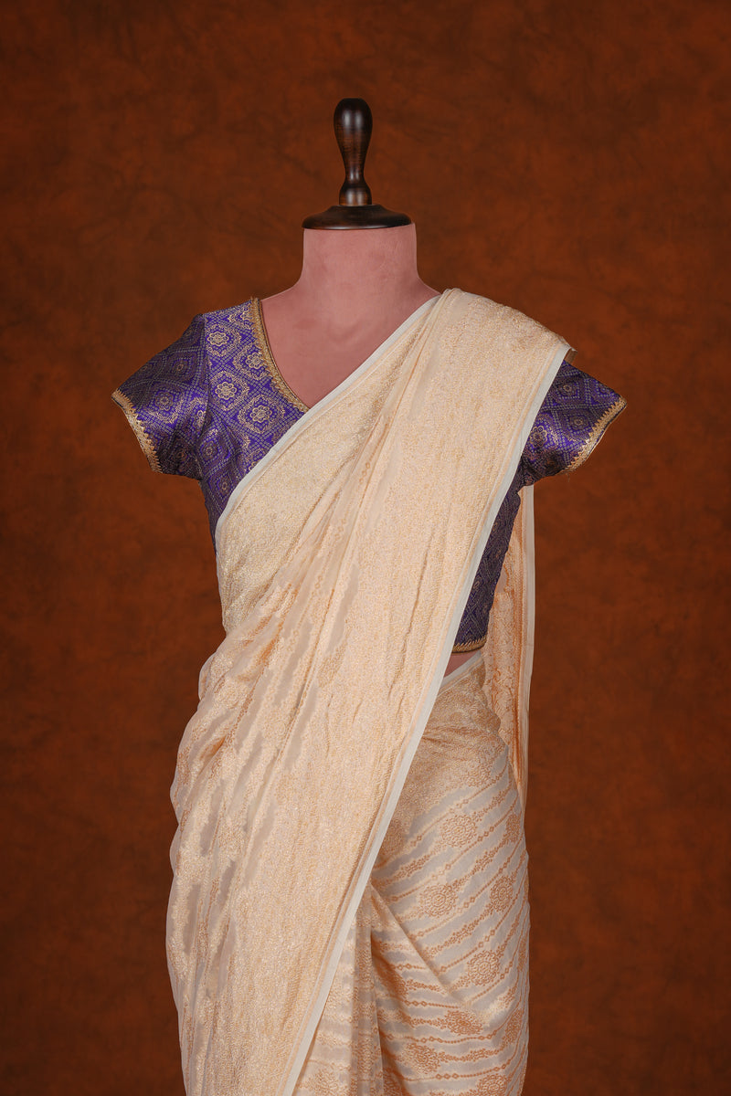 Handloom Georgette Banarasi Silk Saree - Striped - Off White