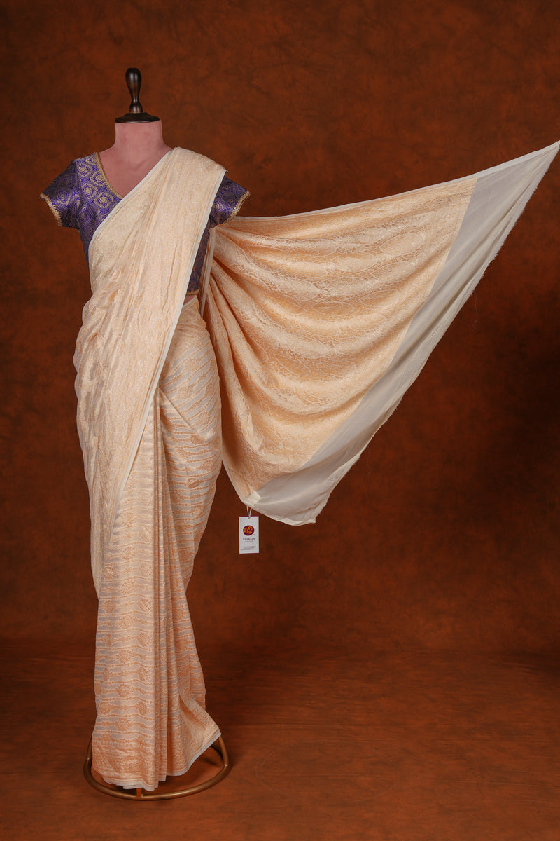 Handloom Georgette Banarasi Silk Saree - Striped - Off White