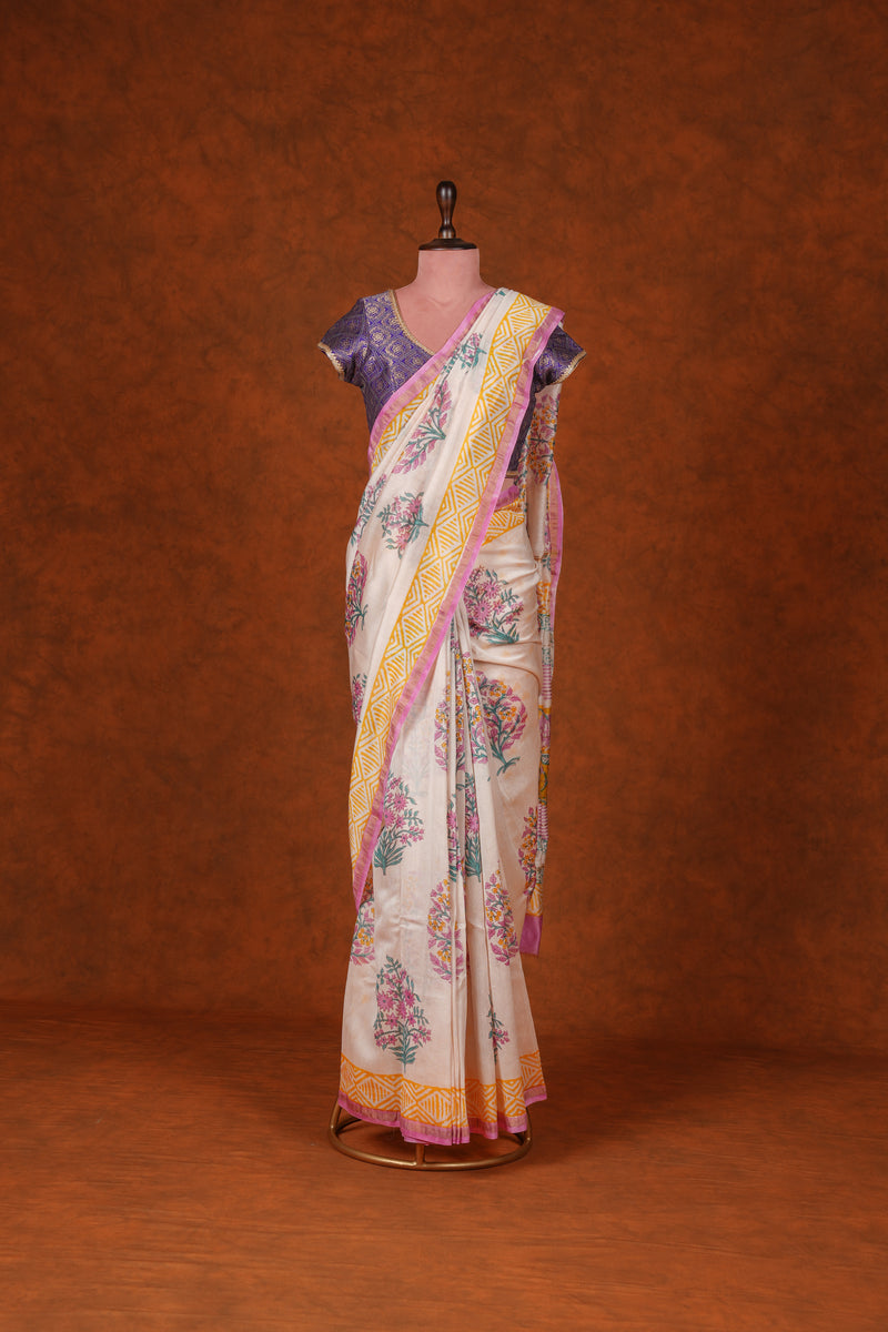 Cotton Hand Block Print Saree - Off White Pink