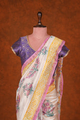 Cotton Hand Block Print Saree - Off White Pink