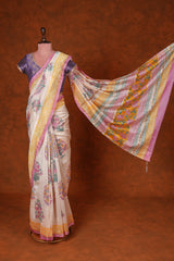 Cotton Hand Block Print Saree - Off White Pink