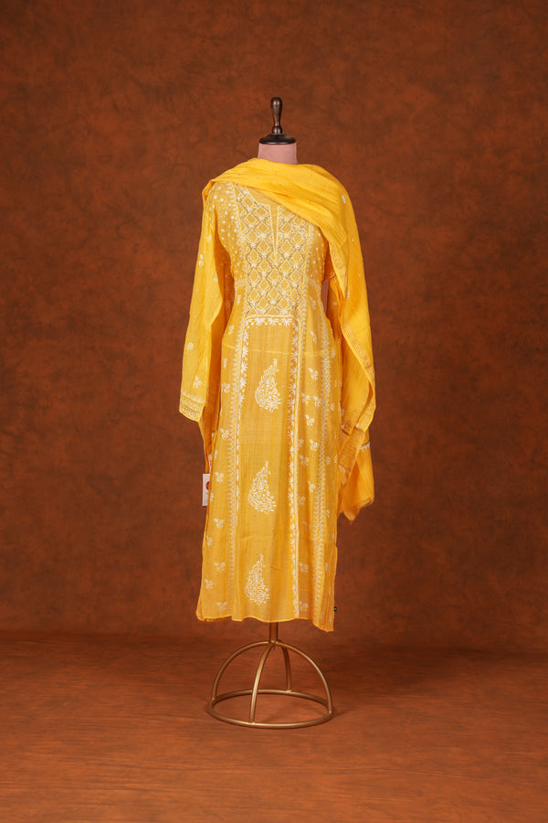 Chikankari Pure Mul Mul Anarkali Suit Set Mukaish Badla Work - Yellow