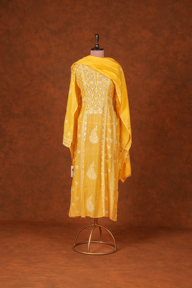 Chikankari Pure Mul Mul Anarkali Suit Set Mukaish Badla Work - Yellow