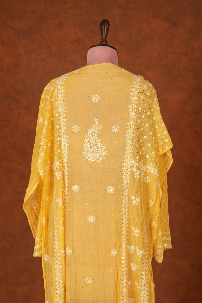 Chikankari Pure Mul Mul Anarkali Suit Set Mukaish Badla Work - Yellow