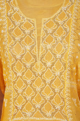 Chikankari Pure Mul Mul Anarkali Suit Set Mukaish Badla Work - Yellow