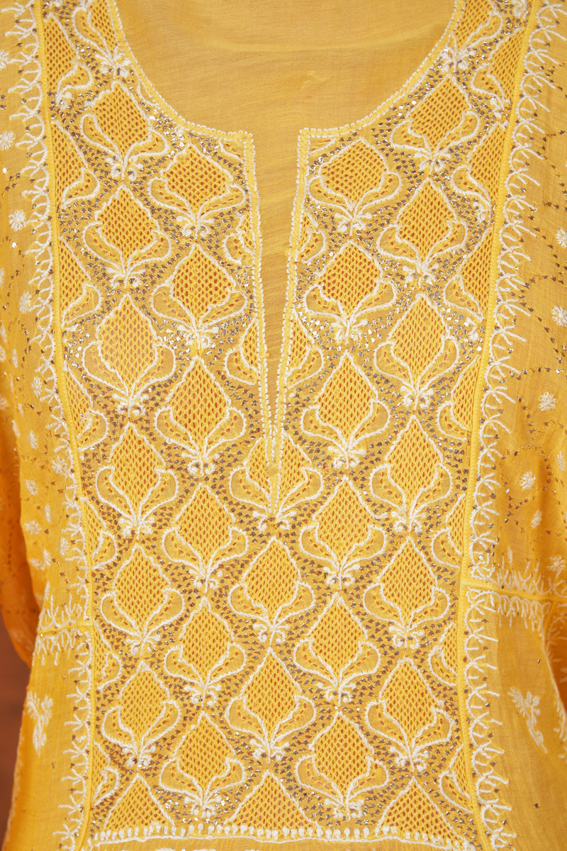 Chikankari Pure Mul Mul Anarkali Suit Set Mukaish Badla Work - Yellow