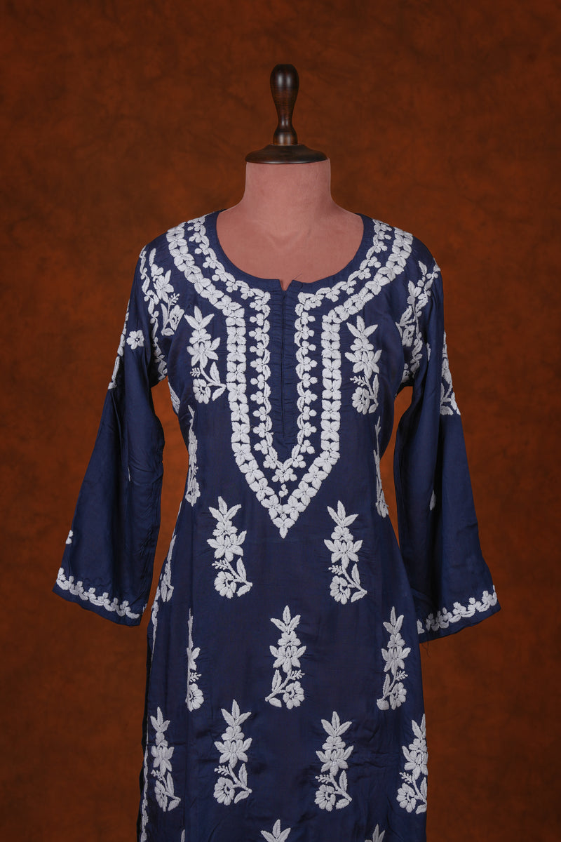 Chikankari Fine Modal Cotton Kurta - Navy Blue