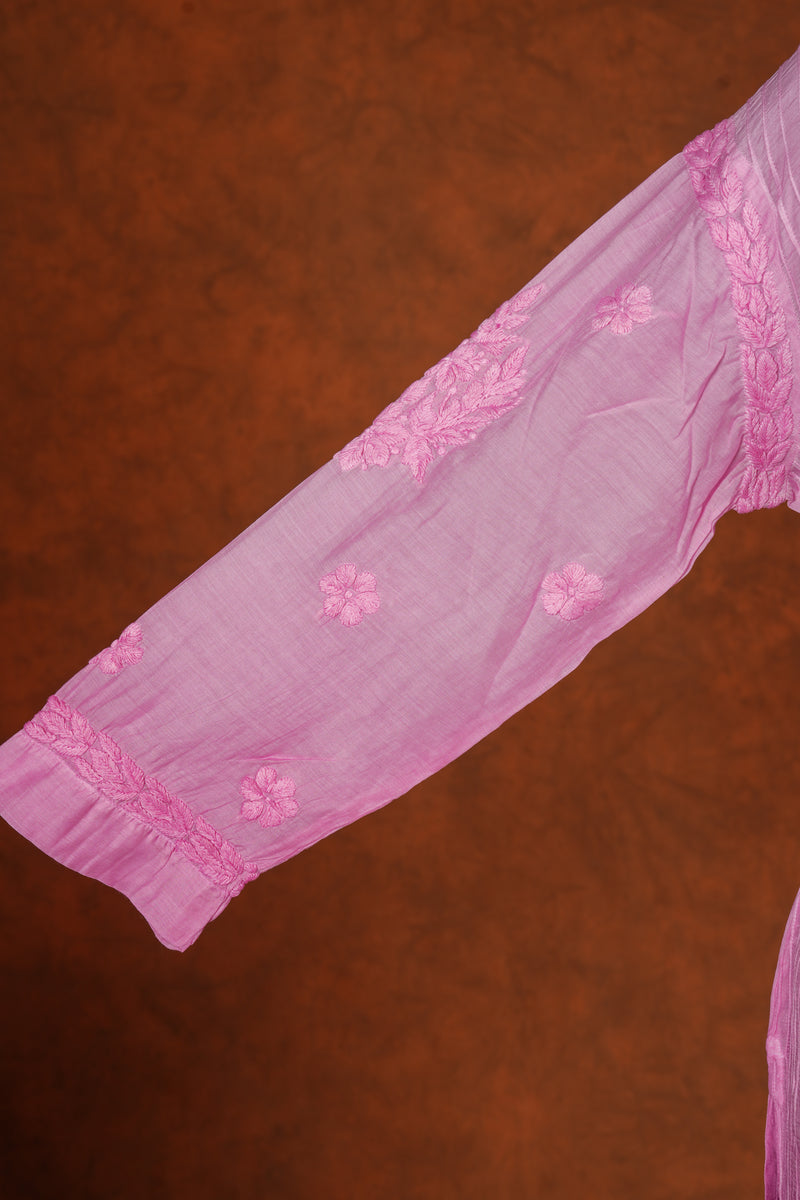 Fine Cotton Chikankari Silk Pant Sets-Light Pink