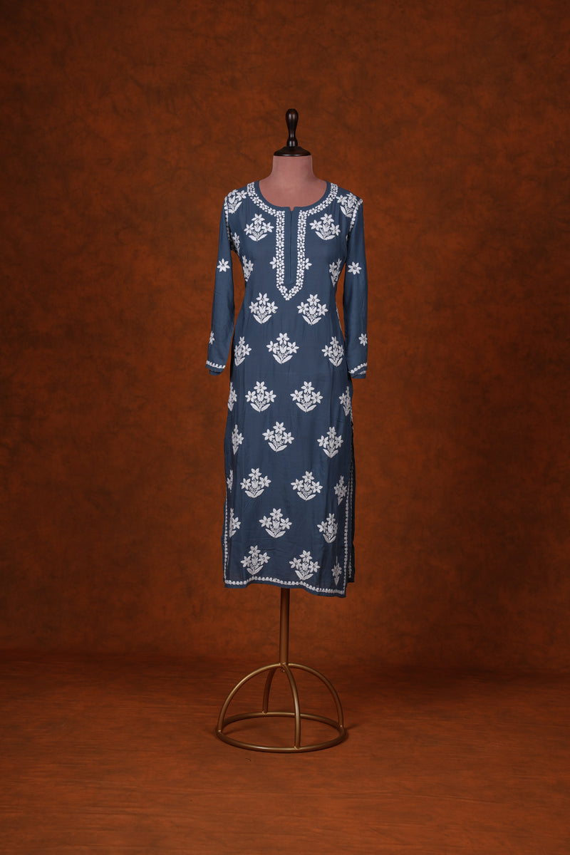 Chikankari Fine Modal Cotton Kurta - Dark Blue