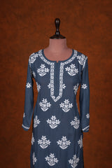 Chikankari Fine Modal Cotton Kurta - Dark Blue