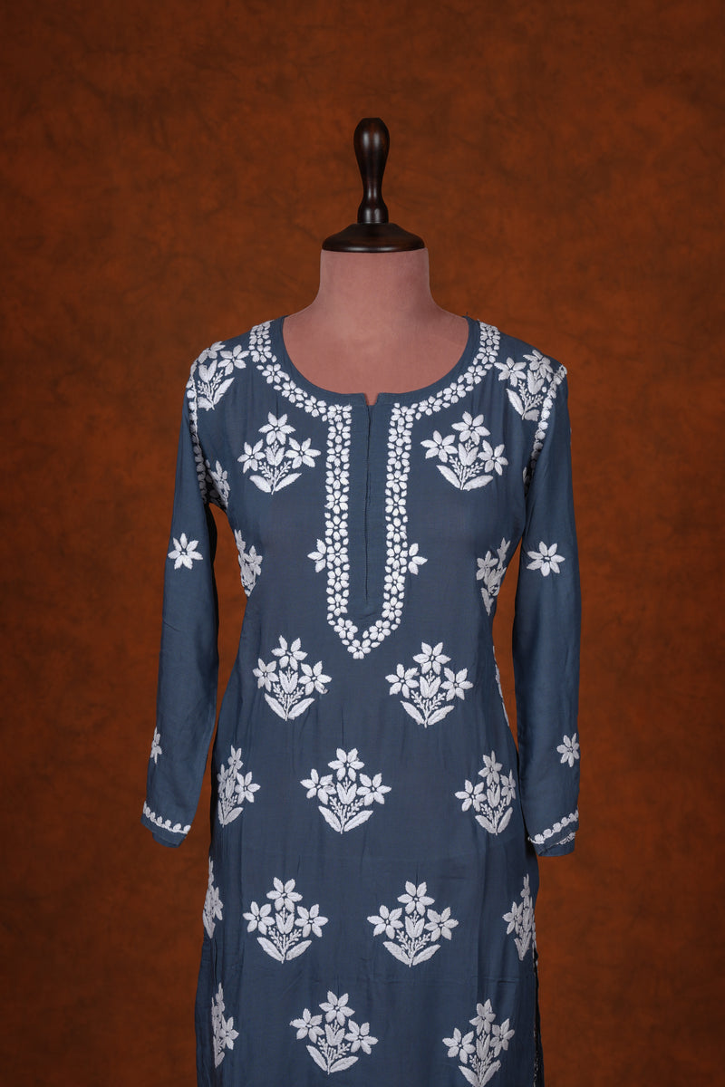 Chikankari Fine Modal Cotton Kurta - Dark Blue