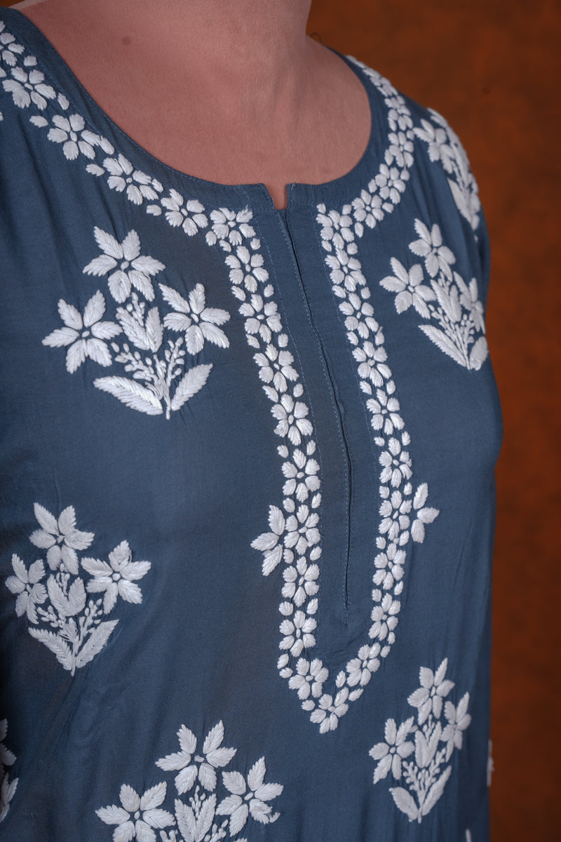 Chikankari Fine Modal Cotton Kurta - Dark Blue