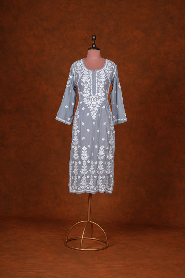 Chikankari Fine Modal Cotton Kurta- Grey