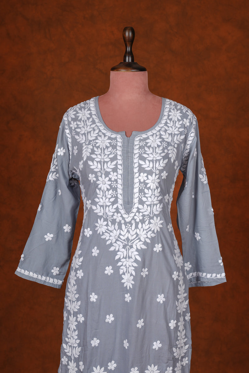 Chikankari Fine Modal Cotton Kurta- Grey