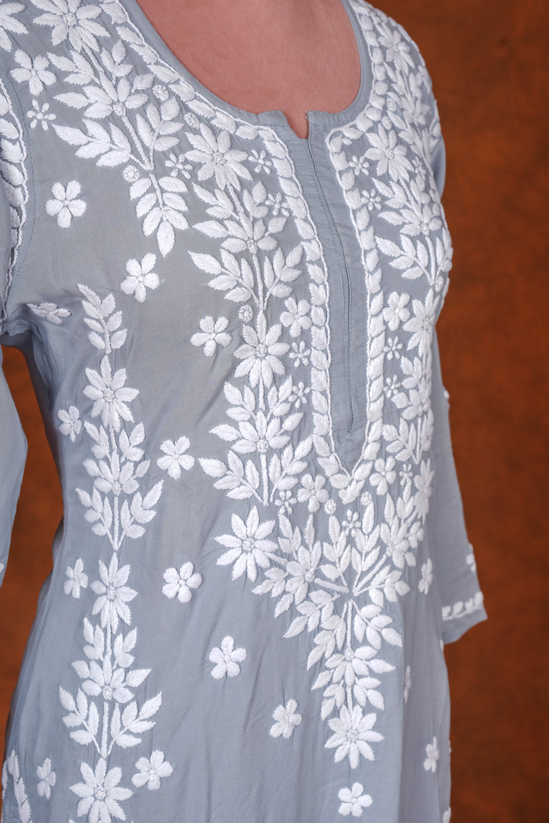 Chikankari Fine Modal Cotton Kurta- Grey