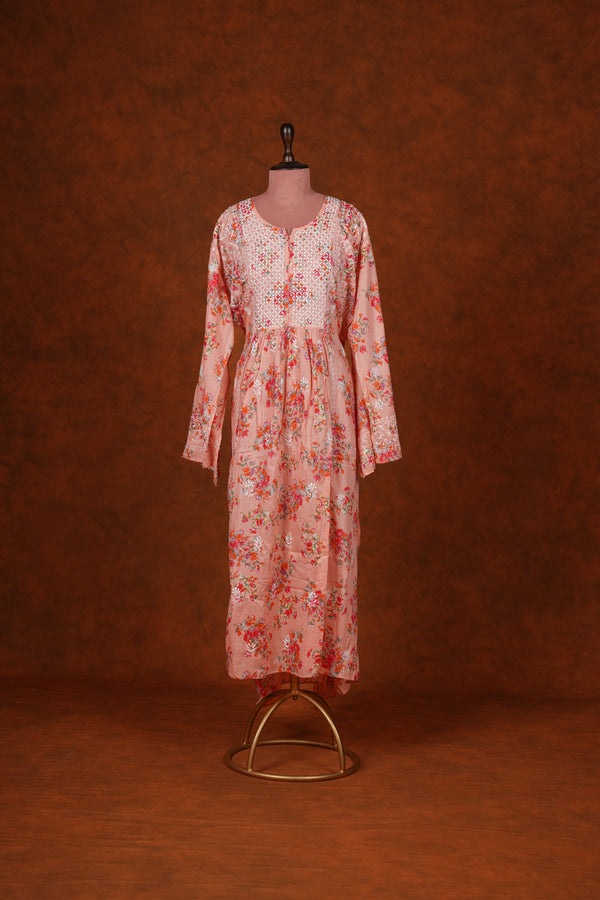 Chikankari Pure Mul Mul Dress Printed Set -Pink