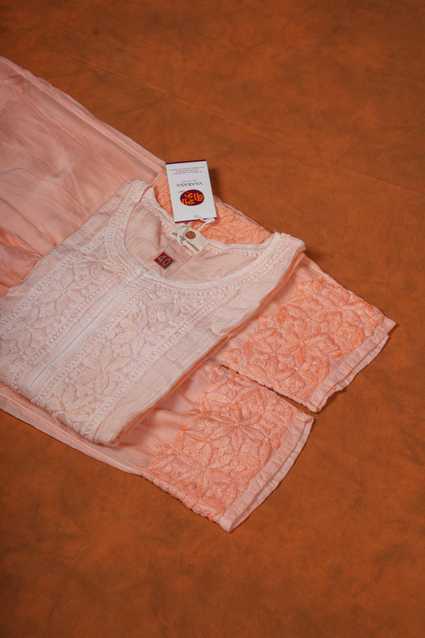 Chikankari Pure Soft Silk Cotton Pant Set - Pastel Orange Shaded