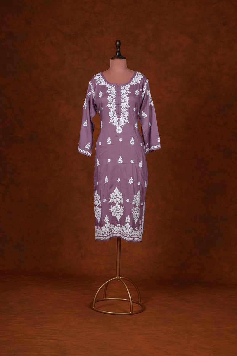 Chikankari Fine Modal Cotton Kurta- Old Rose Pink