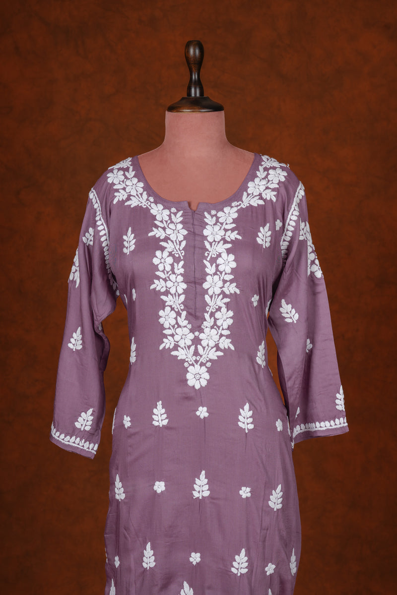 Chikankari Fine Modal Cotton Kurta- Old Rose Pink