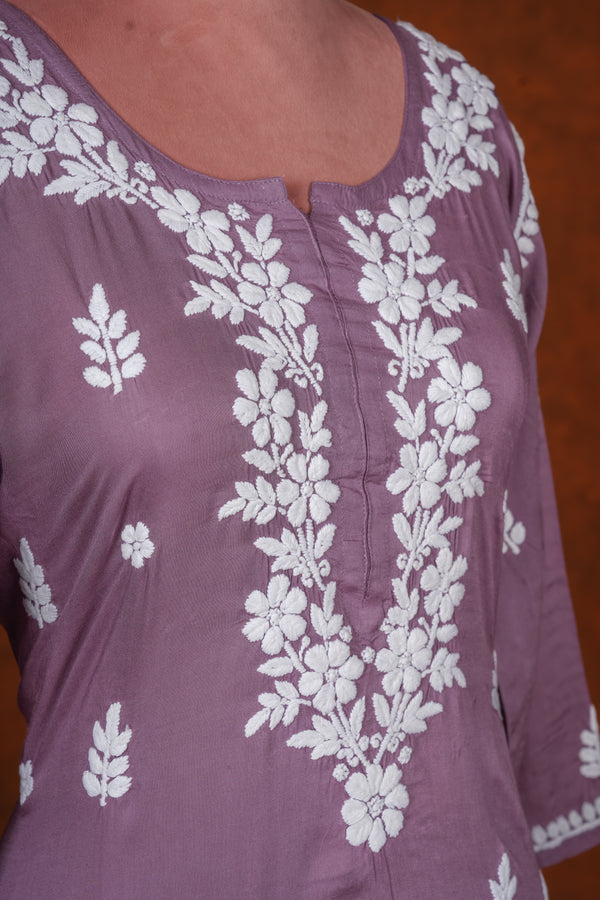 Chikankari Fine Modal Cotton Kurta- Old Rose Pink