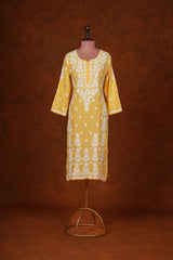 CHIKANKARI FINE MUL COTTON KURTA - Yellow