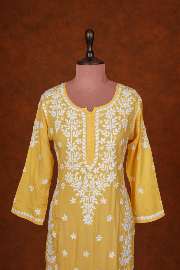 CHIKANKARI FINE MUL COTTON KURTA - Yellow