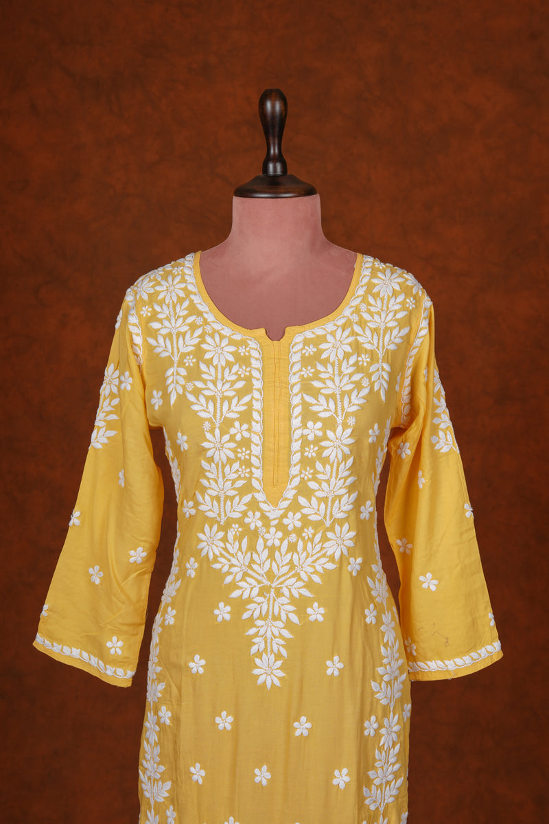 CHIKANKARI FINE MUL COTTON KURTA - Yellow