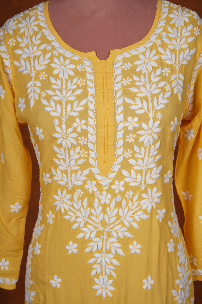 CHIKANKARI FINE MUL COTTON KURTA - Yellow