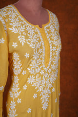 CHIKANKARI FINE MUL COTTON KURTA - Yellow