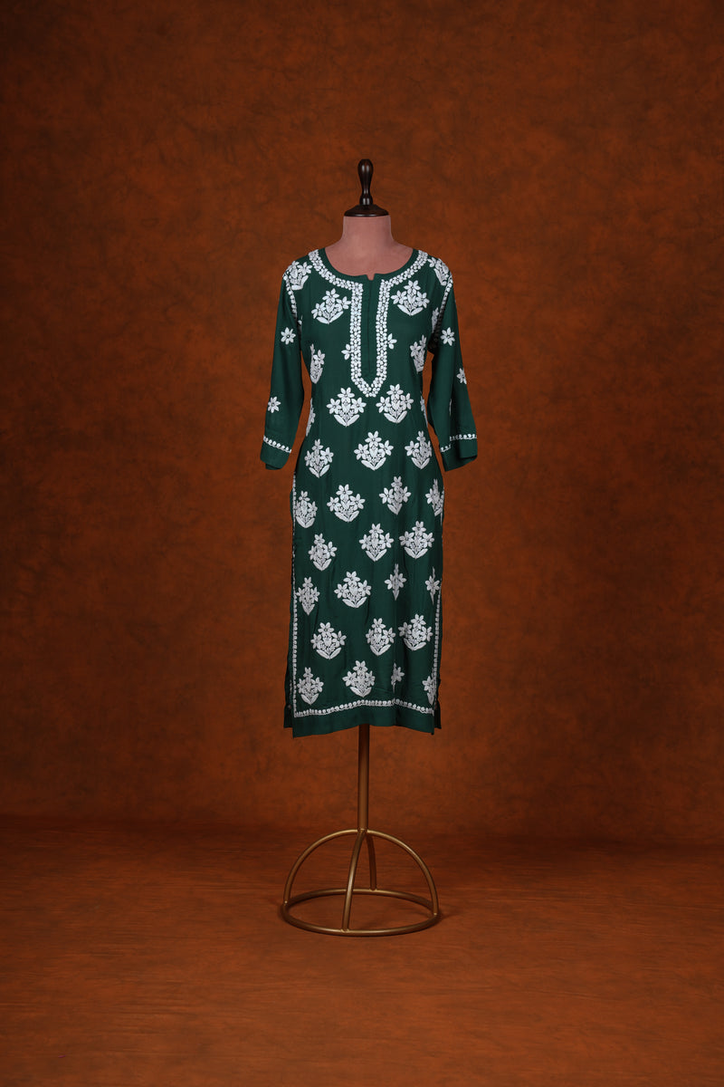 Chikankari Fine Modal Cotton Kurta-Bottle Green