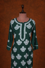 Chikankari Fine Modal Cotton Kurta-Bottle Green