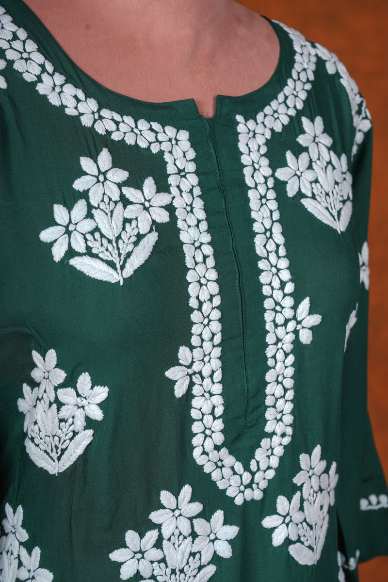 Chikankari Fine Modal Cotton Kurta-Bottle Green