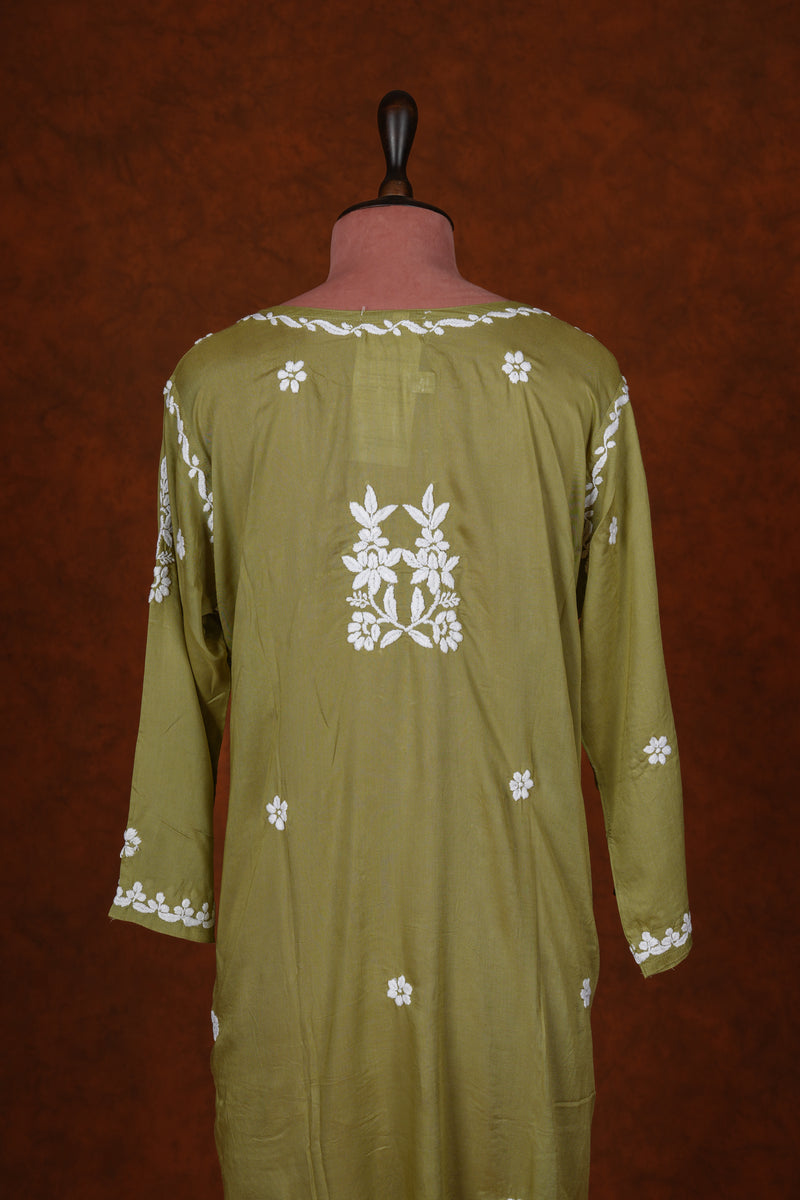 Chikankari Fine Modal Cotton Kurta - Mehendi Green