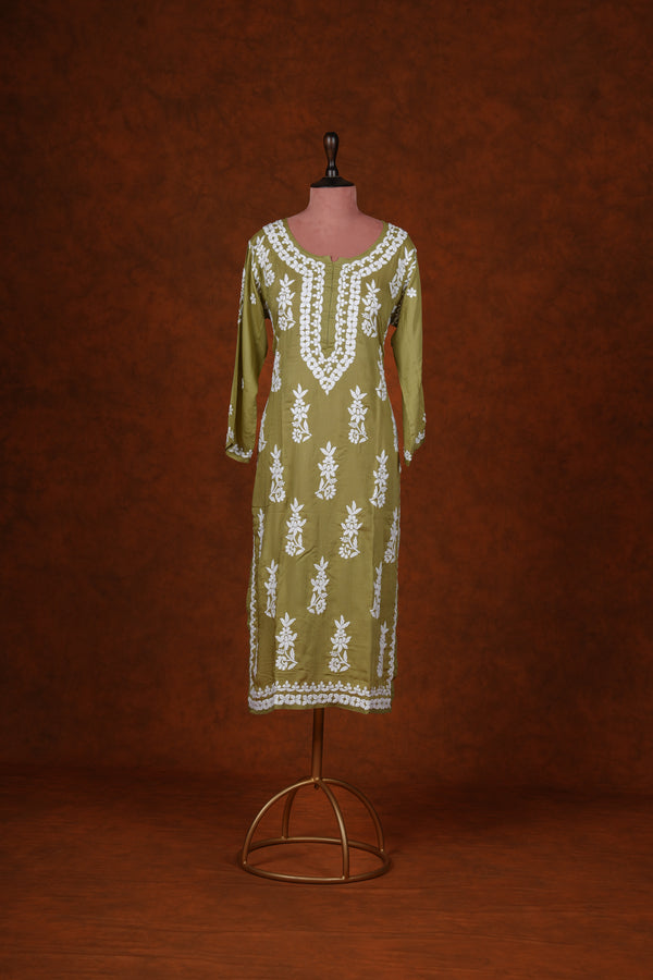 Chikankari Fine Modal Cotton Kurta - Mehendi Green